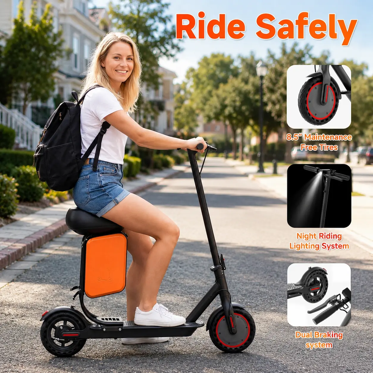 Portable Commuter Electric Scooter with Seat for Commuting & Urban Riding, 350W Motor, 36V Battery, Smart App, 3-Second Folding, Solid Tires