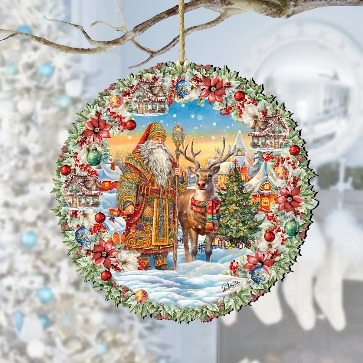 Designocracy 8611066 Artistic Wooden Christmas Ornaments, 5x5.5x0.25in Santas Magical Cottage Wreath Decor with Santa & Snowman Motifs, Festive Home Gift Decoration, Christmas Finds