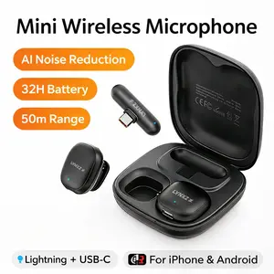 LYNXZ Mini Wireless Microphone for iPhone & Android, 2 Pack Lavalier Mic with AI Noise Reduction, 32H Battery Charging Case for Vlog, Podcast & Streaming Universal studio sound