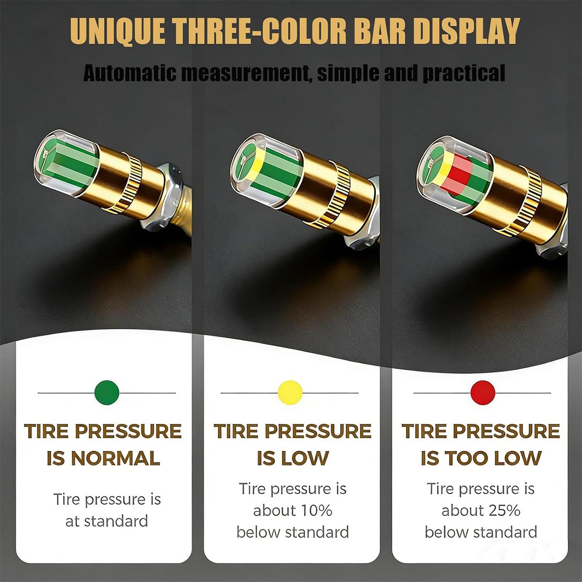 8Pcs Car Tire Pressure Monitor Valve Stem Caps, 2.4Bar 36 PSI Tire Pressure Sensor Indicator Easy to Read 3 Color Eye Alert for Most Car Truck SUV, Gold