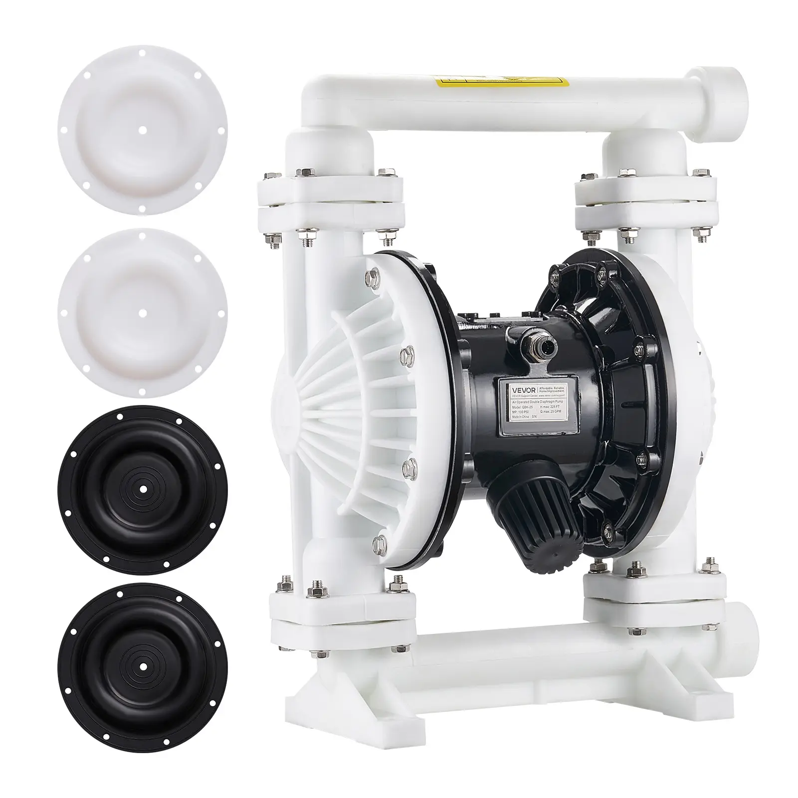 【summerfinds】VEVOR Air Operated Double Diaphragm Pump, 25 GPM, 1 inch Inlet & Outlet Pneumatic Waste Oil Transfer Pump, Max 100 PSI, Polypropylene Body, Air-Operated for Diesel, Grease, Kerosene, Gasoline & Oil