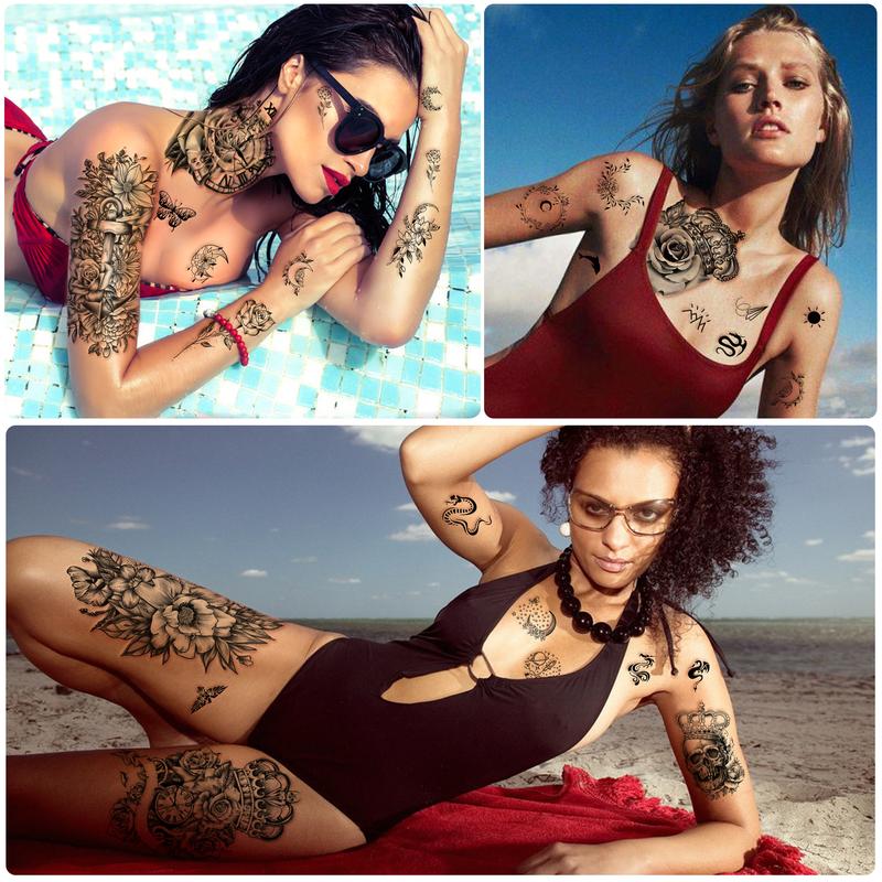 49 Sheets Large Flowers Butterfies Crown Waterproof Temporary Tattoos for Women Fake Tattoos Adults Body Make Up Tattoo