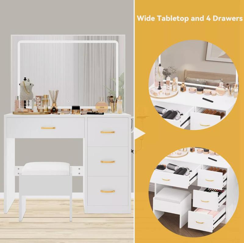 YITAHOME Makeup Vanity Desk with Large Lighted Mirror with Power Outlet and LED/Bulb Strip, 3 Color Lighting Modes with Adjustable Brightness, 4 Drawer Vanity Table with Cushioned Stool for Bedroom