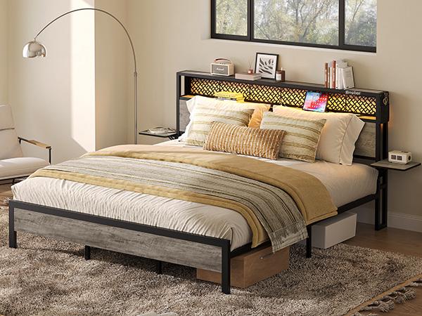 Bestier - Bed Frame with Headboard Foldable Shelves LED Lighting Charging Station Non-Slip Metal