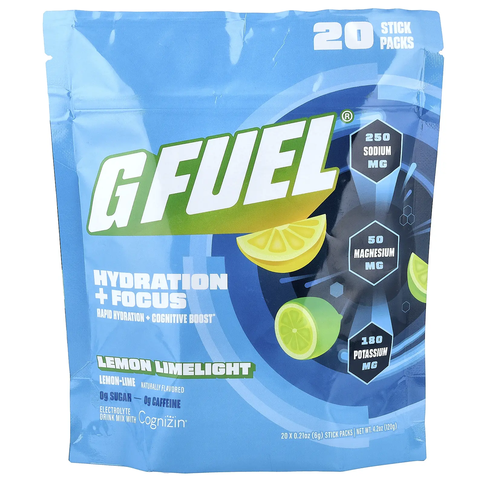G FUEL Hydration + Focus, Electrolyte Drink Mix with Cognizin®, Lemon Limelight, 20 Stick Packs, 0.21 oz (6 g) Each