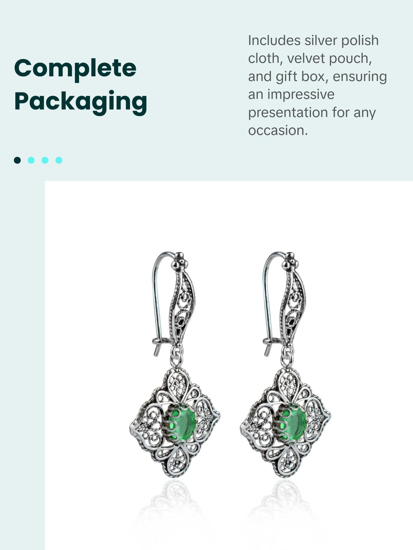 Sterling Silver Filigree Art Emerald Gemstone Woman Dangle Drop Earrings