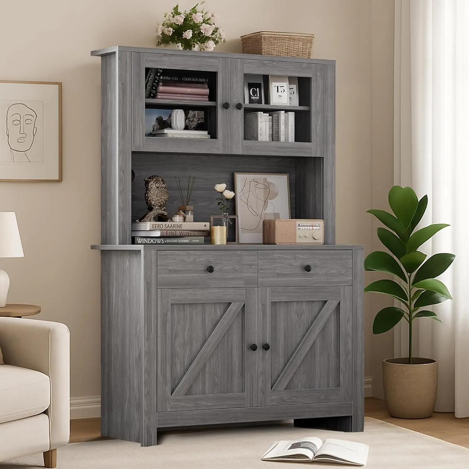 【Christmas Gift】63 inch Tall Kitchen Pantry Cabinet with Drawers  Hutch  Glass Doors  Adjustable Shelves  Freestanding Microwave Stand and Storage Cabinet  Grey