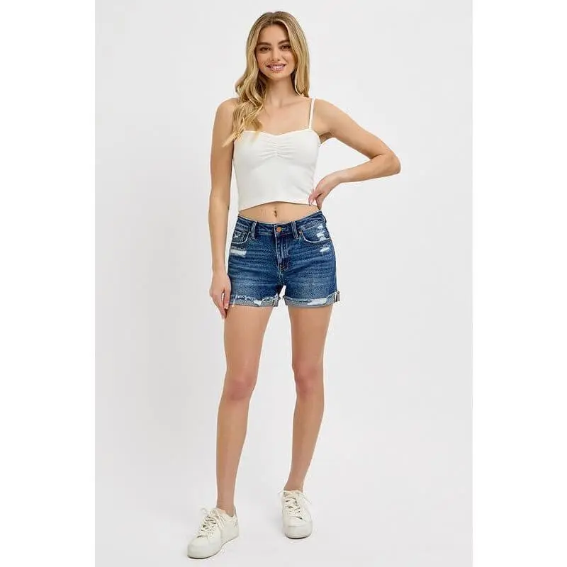Women's Jean Shorts - Mid-Rise Distressed Cowgirl Style with Cuffed Hems, Stretchy Denim for Casual Line Dancing, Western Boutique, Premium Quality, Risen Denim, 3.25" After Cuff, 4.5" Before Cuff