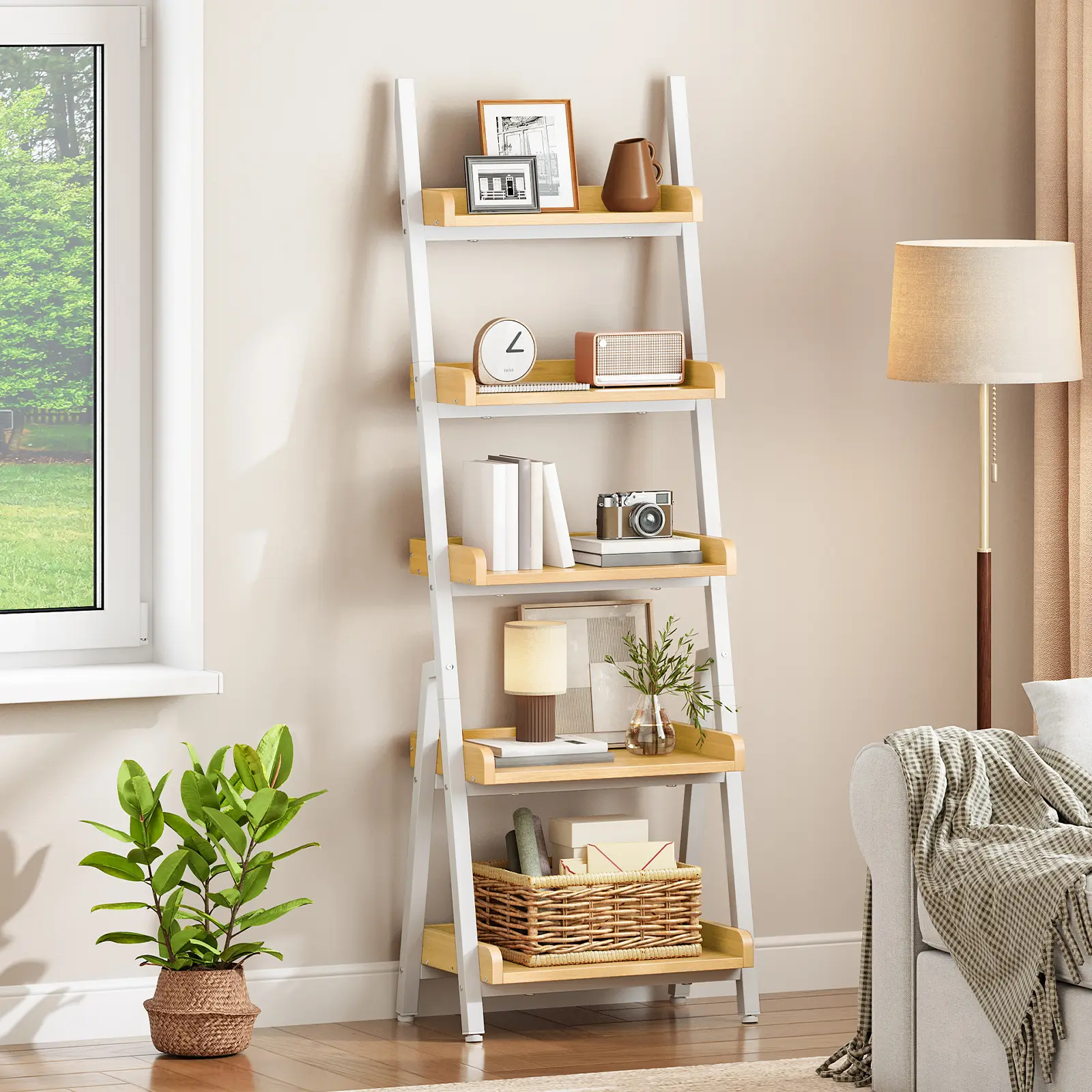 HOOBRO Ladder Shelf, Small Bookcase, 5-Tier Wall-Leaning Shelf, Freestanding Storage Rack, Display Stand, for Living Room, Home Office, Balcony, Bedroom, White and Natural
