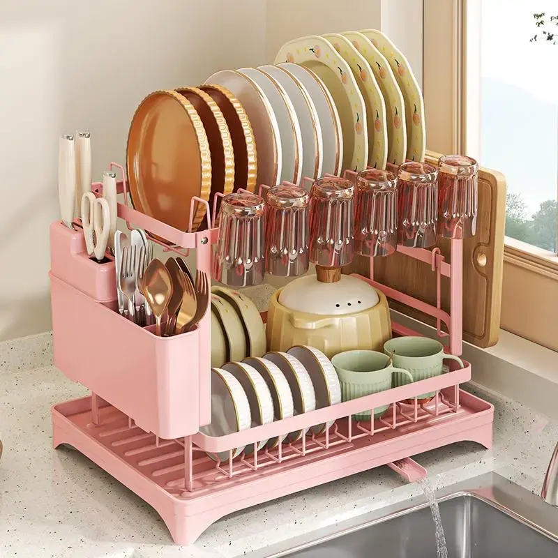 2-Tier Dish Drying Rack, Dish Racks For Kitchen Counter,Dish Rack With Drainboard & Mat, Dish Drainer With Knife,Fork & Cup Rack, Gifts For Women, Cool Stuff & KitchenAccessories, Rust-Proof & Easy To Assemble
