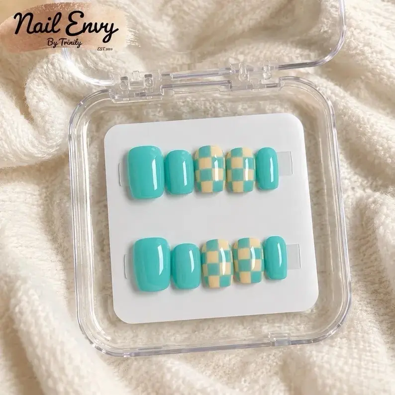 Mint Green Checkerboard Press On Nails | Glossy Short Square Reusable Set