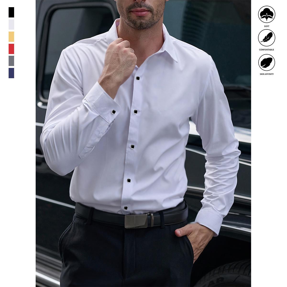 Men’s fashion long-sleeve shirt with a solid color pattern design — slim fit, lightweight fabric, suitable for casual or formal occasions; multifunctional top | elegant appearance | soft touch