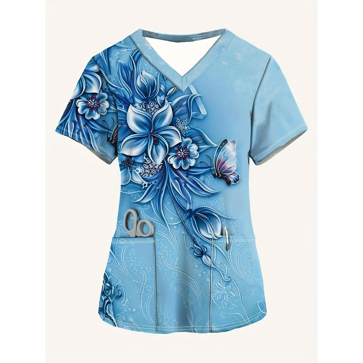 Stylish Women's Short-Sleeve V-Neck Top with Abstract Floral Print - Casual and Comfortable Nurse Uniform with Pockets