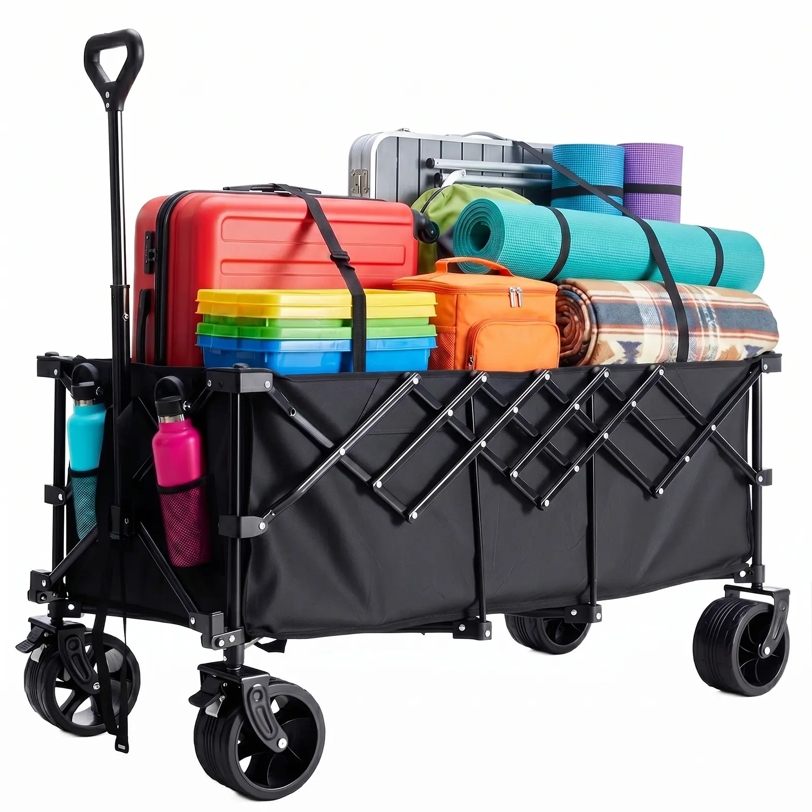 【New】Extra Long Folding Wagon Cart, Heavy Duty Collapsible Wagon with Big All-Terrain Wheels, Portable Outdoor Utility Cart for Shopping, Garden, Camping, Grocery, Sports