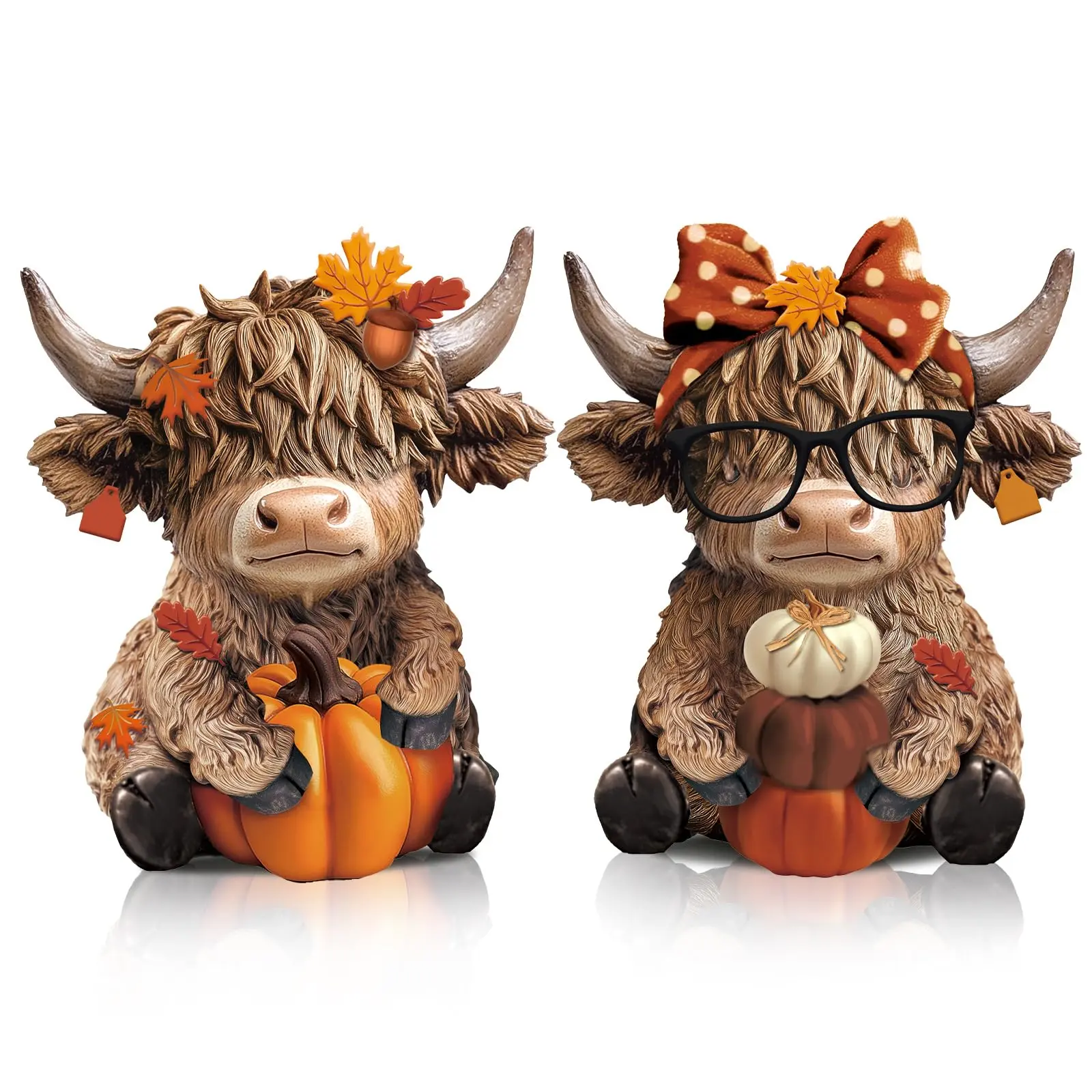 Gejoy 2-Piece Highland Cow Gnome Figurines, Resin Scottish Statues with Pumpkin & Maple, Maple Leaf Accent, Animal Decorations Figurines, Gnome-Lover Gift for Fall Home Tiered Tray Decor,dorm decor,dorm room decor