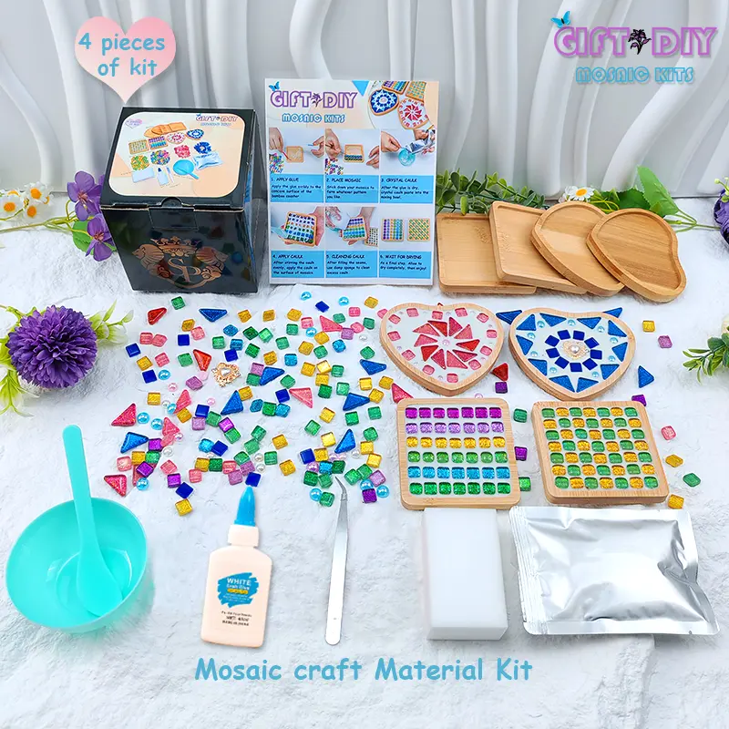 New Original Party Gift 4 Pieces DIY Mosaic Handmade Gift Craft Material Kit with Bamboo Coaster for Festive Party,Activity,Birthday,Christmas,graduation DIY Mosaic Souvenir and Ornament Craft Coaster Kit for Handmade Home Decoration,Gift for Adults Teens
