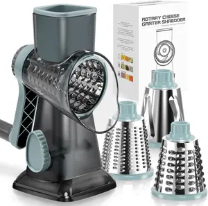 Rotary Cheese Grater with Handle – Hand Crank Vegetable Slicer & Food Shredder with 3 Stainless Steel Blades for Cheese, Nuts, Chocolate & Vegetables