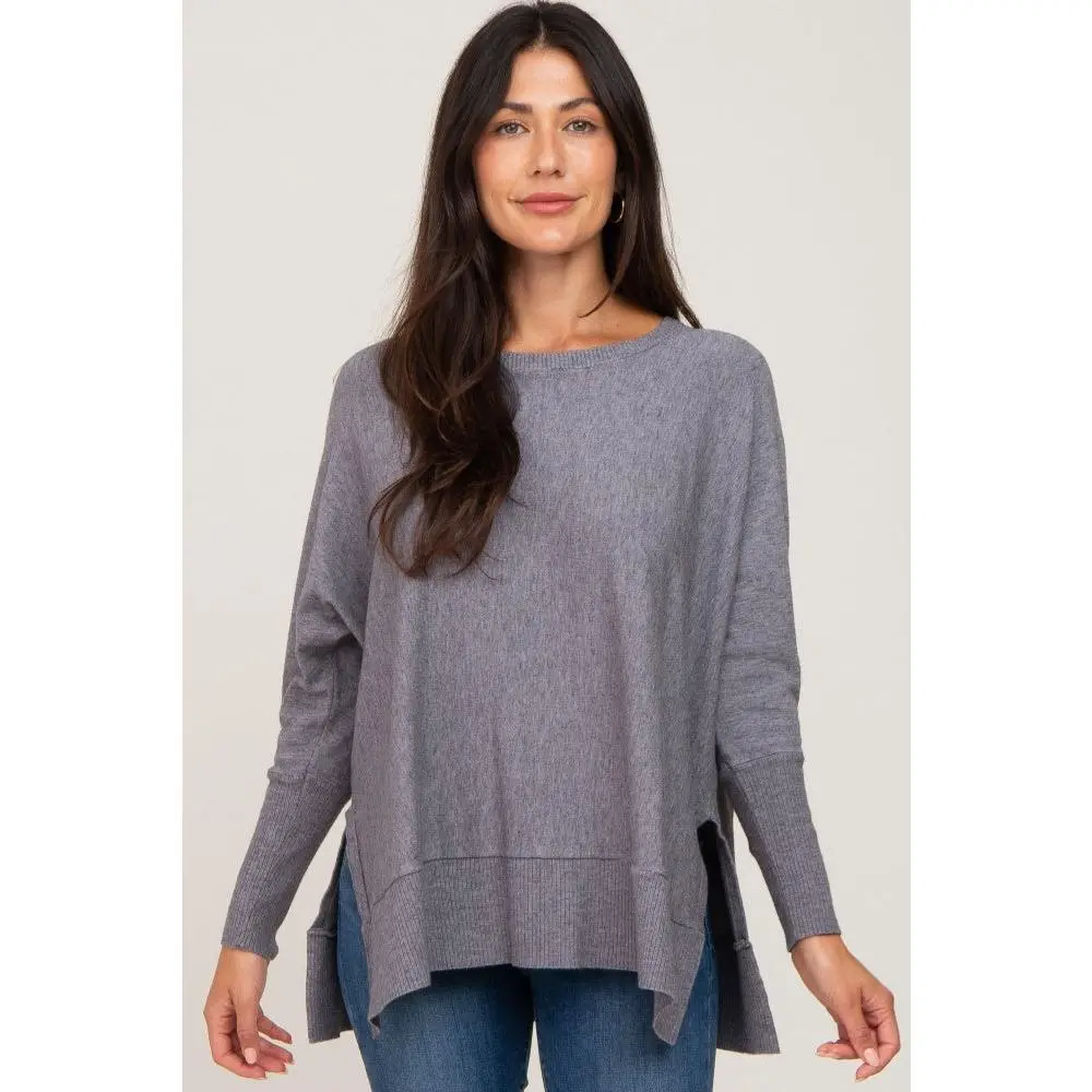 Heather Grey Dolman Sleeve Side Slit Sweater