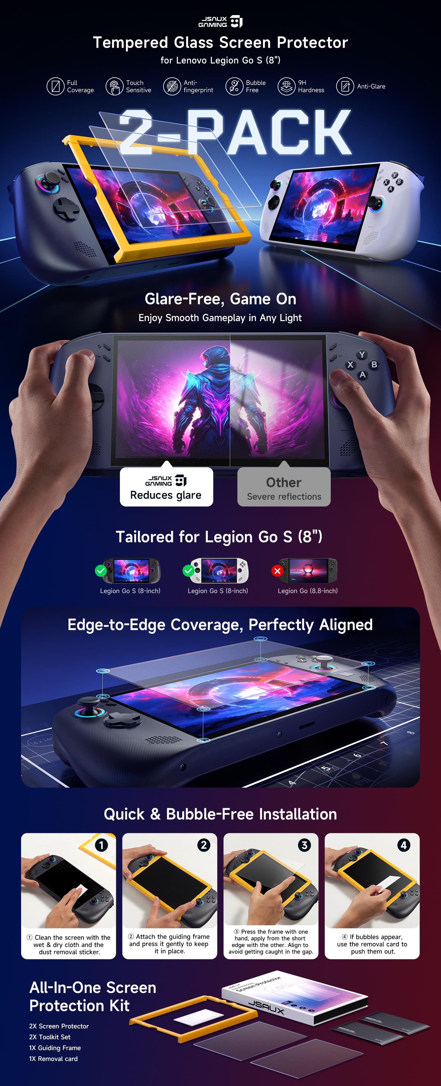 JSAUX 2-Pack Anti-Glare Screen Protector for Legion Go S, Matte Finish, Easy Installation with Guiding Frame, Scratch-Resistant, Reduces Reflections, Includes Toolkit and Accessories