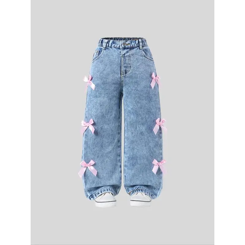 Toddler girl jeans with bow decoration, cute and comfortable everyday pants, children's all-season pants, casual and comfortable jeans, wide-leg cuffed jeans, Y2K style washed ripped wide-leg jeans