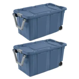 Extra Large Wheeled Industrial Storage Bin, 40 Gallon Rugged Plastic Storage Tote with Latch Lid and Pull Handle, Blue, 2 Pack