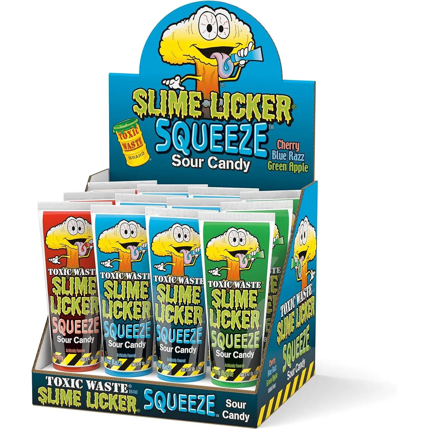 Toxic Waste Slime Licker Squeeze Sour - A Smooth, Squeezable Sour Gel Candy in Blue Razz, Cherry, and Green Apple Flavors - 12 Count Pack Snack Bonbon