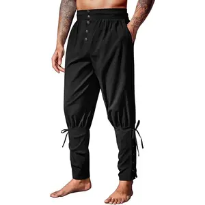 Runcati Men's Medieval Pirate Pants Renaissance Ankle Banded Viking Ren Faire Pants Lace Up Halloween Costume Trousers