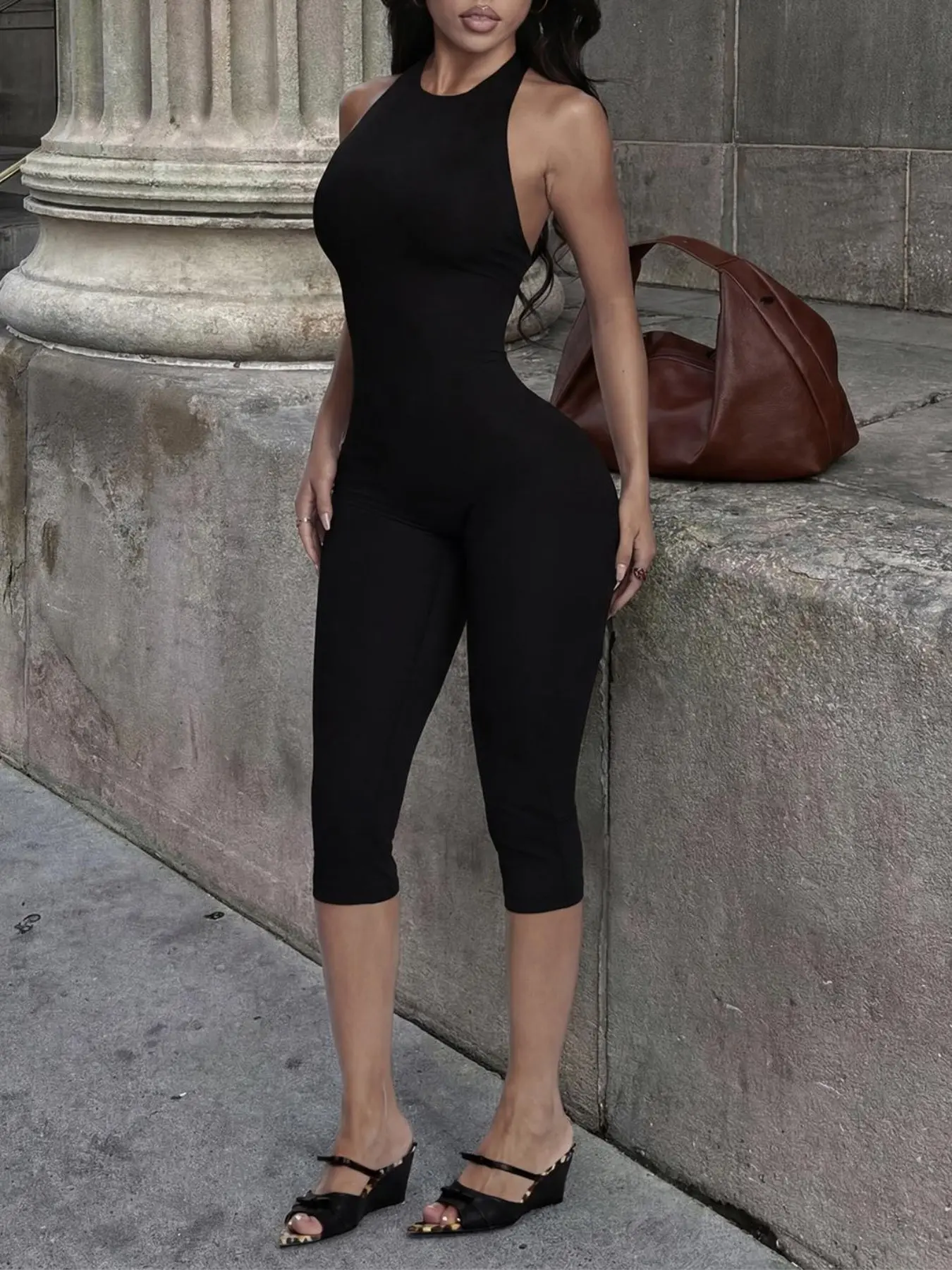 Sleeveless Halter Neck Jumpsuit Black Women Bodycon One Piece Outfit Backless Slim Fit Capri Pants Romper Casual Stretchy Yoga Jumpsuit Fit Jumpsuits Elegant Clubwear Y2K Streetwear Athletic Lounge Bodysuit Summer Fashion Chic