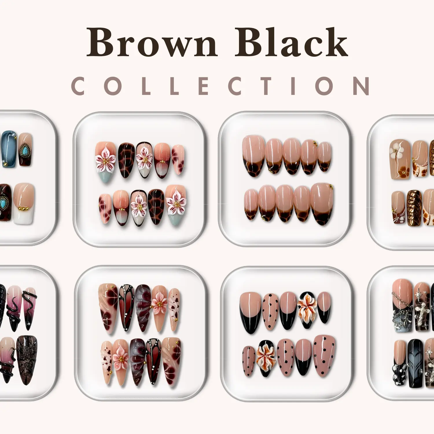 NailPhoria BROWN / BLACK Collection- Handmade Press-On Nails | Reusable, Salon-Quality, Long-Lasting, Glossy Design