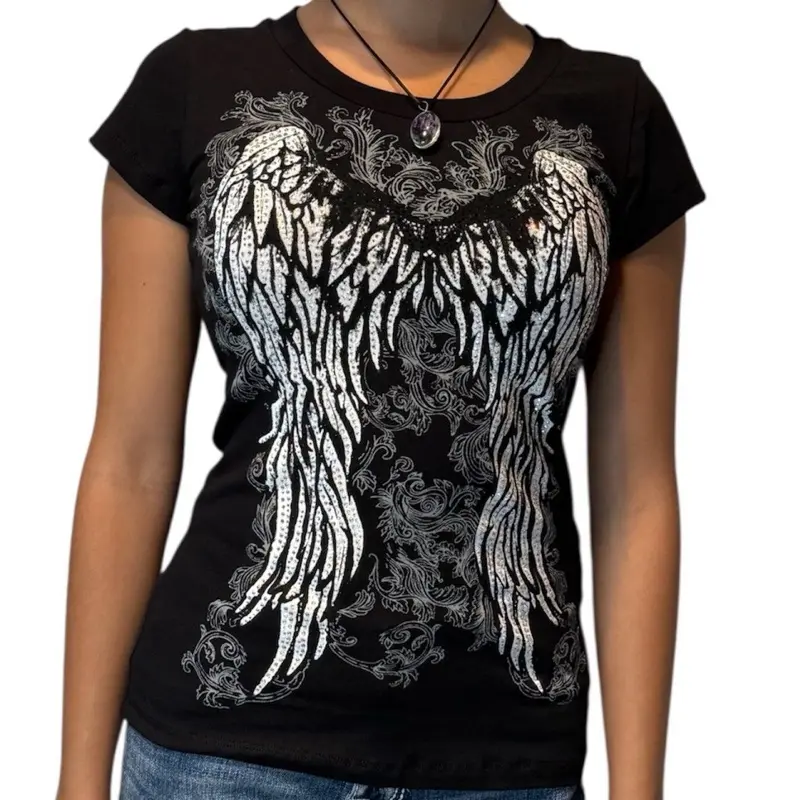 Angel Wings Rhinestone Short Sleeve - Cotton