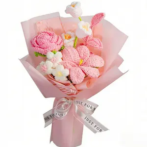 Handmade Crochet Flower Bouquet with Lily Rose Tulip,Artificial Flowers Soft Yarn Material Home Decor Accent Everlasting Gift for Lover Friend Mom Valentine's Day Birthday Anniversary,Valentine's Day Gifts,Valentine's Day Bouquets