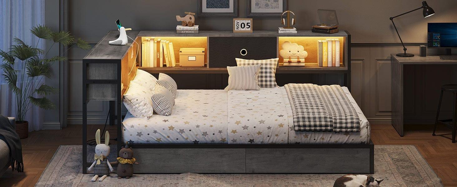 Sikaic LED Daybed with Storage Drawers and Bookcase Headboard Oak Gray Sikaic LED Daybed with Storage Drawers and Bookcase Headboard Oak Gray