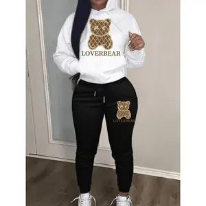 Cartoon Bear Print Two-piece Set, Drawstring Long Sleeve Hoodies & Workout Jogger Pants Outfits, Women's Clothing Fabric Womenswear