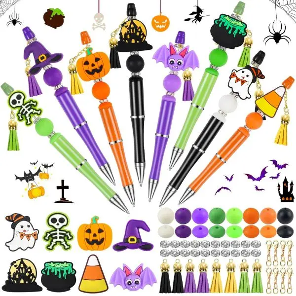 Halloween Beadable Ballpoint Pens, DIY Silicone Bead Pens with Spooky Charms, Cute Writing Pens for Classroom Rewards, Party Favors, Office Supplies & Halloween Gifts