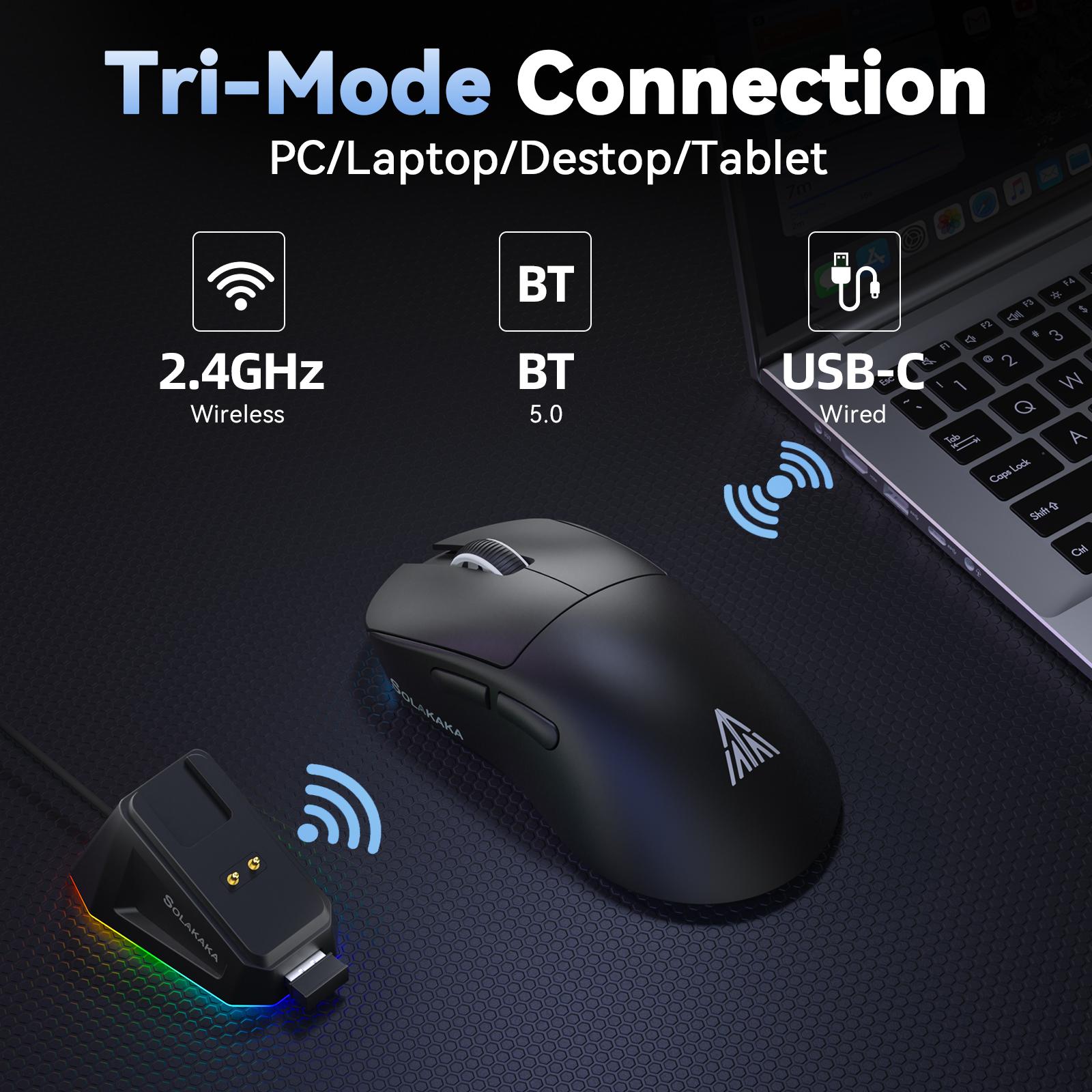 SOLAKAKA SM822 Wireless Gaming Mouse with RGB Charging Dock Tri-Mode Wireless PAW3311 Optical Sensor 24000DPI 62g Lightweight 5 Programmable Buttons for PC Laptop