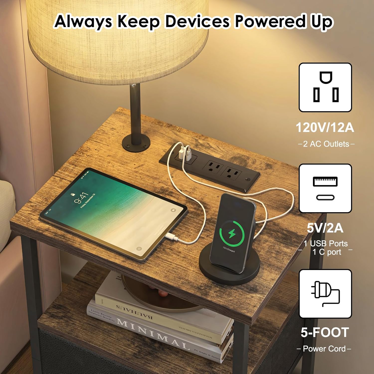 Nightstand with Lights Bedside Table with 3 Color Temperatures Bulb, Night Stand with Charging Station End Table with Adjustable Fabric Drawer for Bedroom Dorm