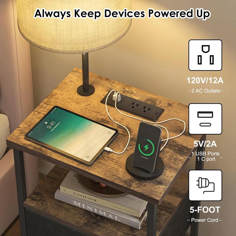 Nightstand with Lights Bedside Table with 3 Color Temperatures Bulb, Night Stand with Charging Station End Table with Adjustable Fabric Drawer for Bedroom Dorm