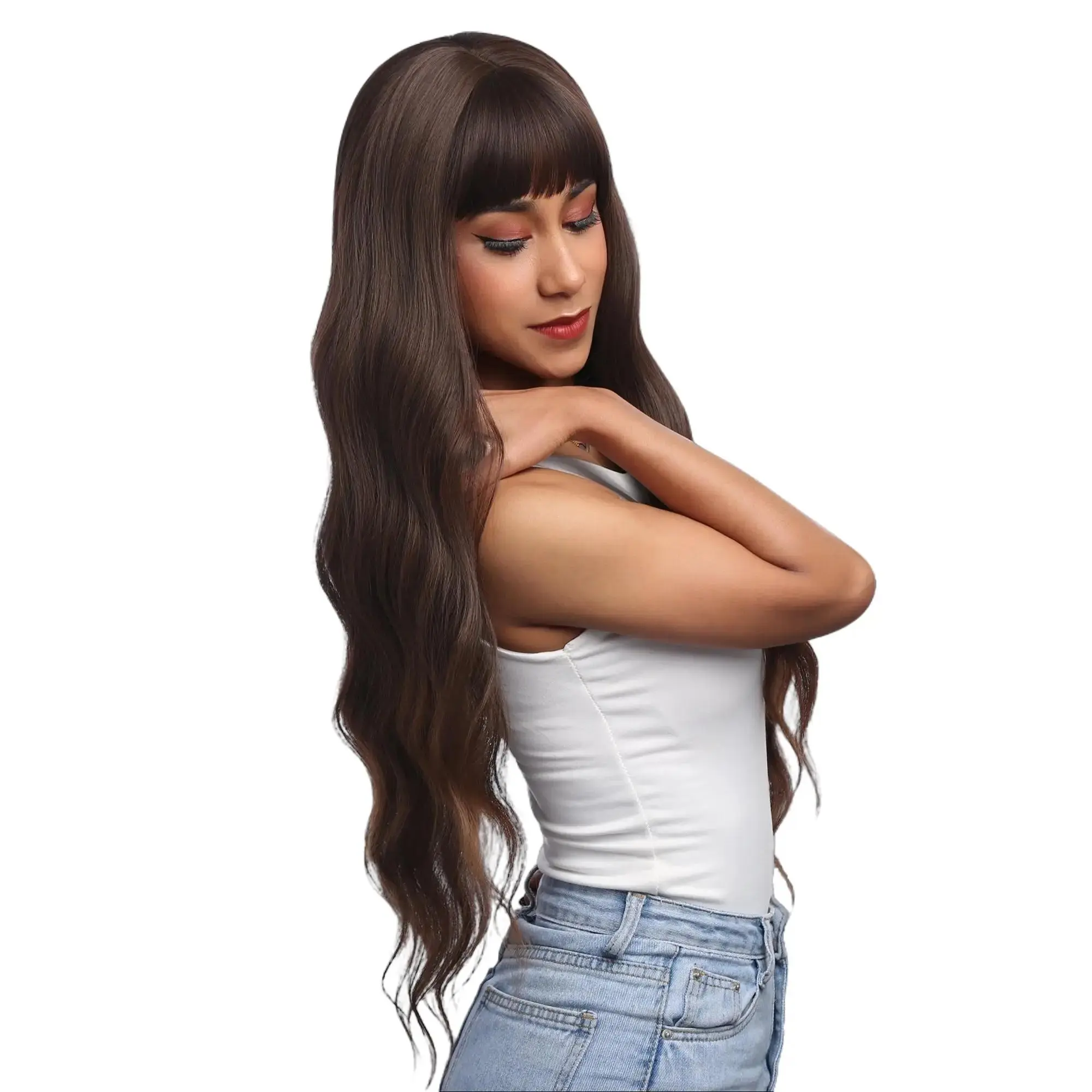 Lady Grayy Hazelnut Brown with Sunkissed Ends Water Wave Synthetic Wig 30" with Cap Included Heat-Resistant Kanekalon Fiber Pre-Styled for Daily Wear or Special Occasions #18 *37 @16 41FSGB