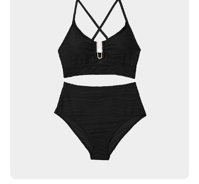 Aleumdr 2 Piece Bikini Set U-Wire Cutout Swimsuit High Waisted Textured 2026 Summer Swimming Clothing Beach Water Sports Tummy Control Swimwear