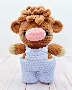 Handmade Crochet Highland Cow w/ Overalls