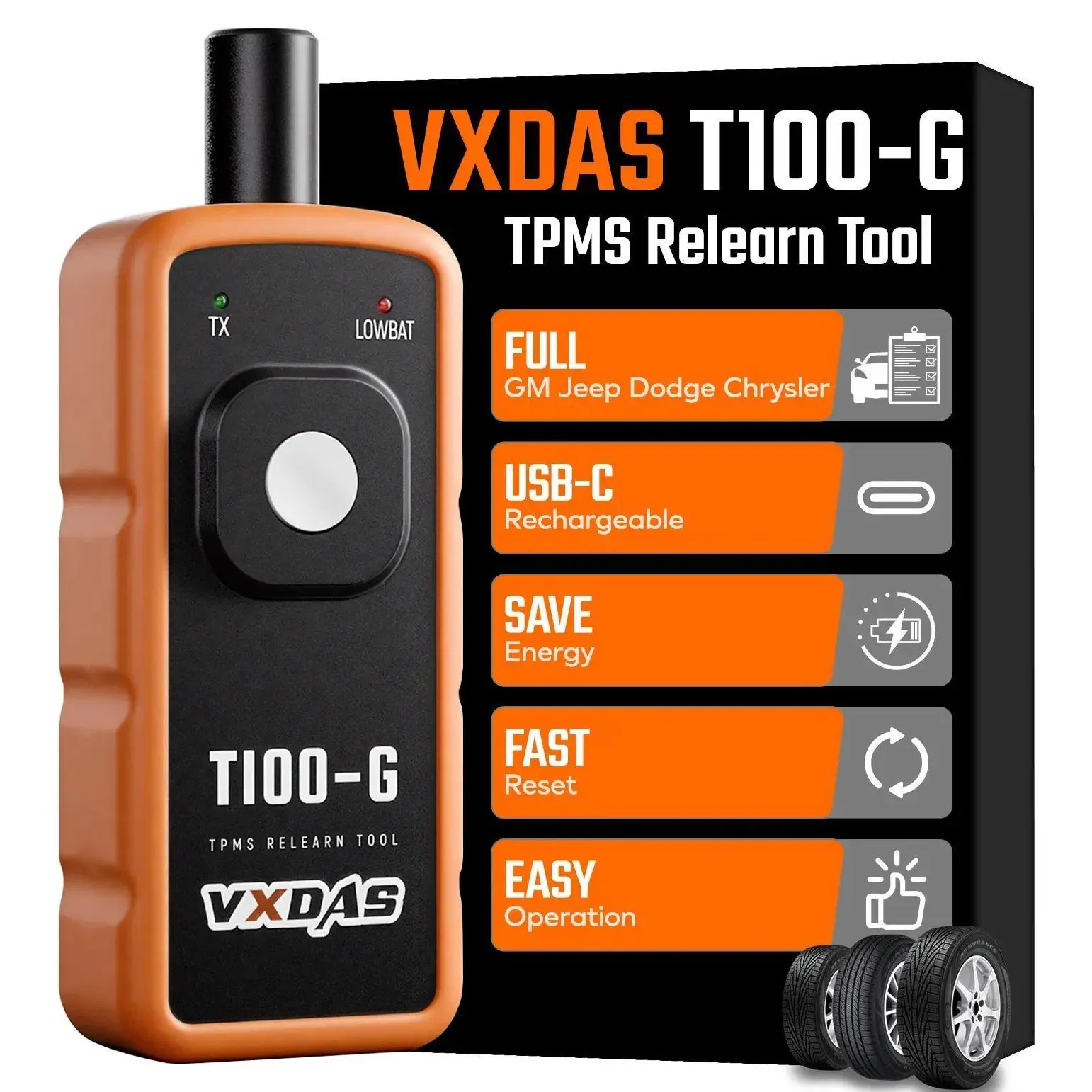VXDAS T100-G Compact Handheld Multi-Make TPMS Reset Tool, USB-C Charge Rechargeable Tire Sensor Activation Tool for GM, Jeep, Dodge, Chrysler, Chevrolet, GMC, Buick, Cadillac Vehicles