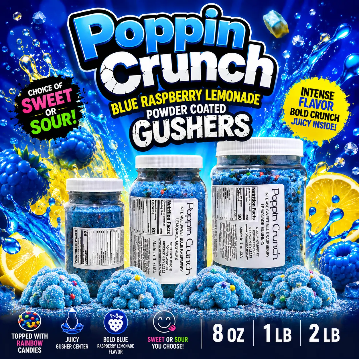 Poppin Crunch Intense Blue Raspberry Lemonade Gushers - Choice of Sweet or Sour