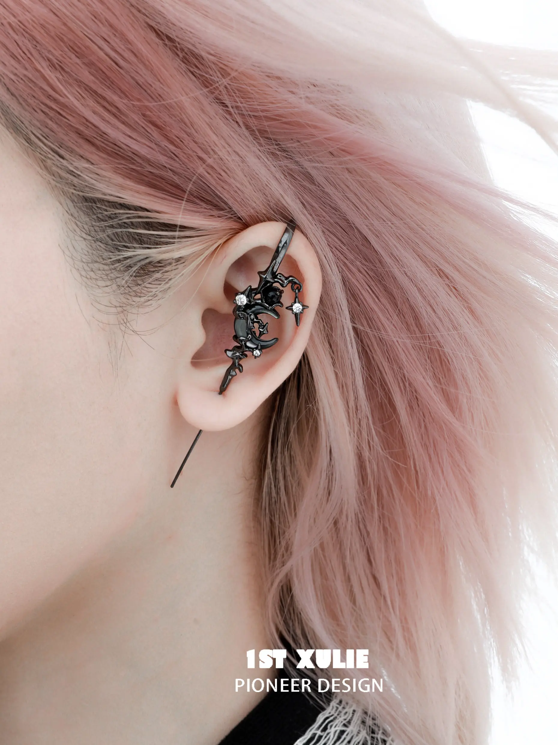 1ST XULIE Myth of the Moon S925 Silver 18K Platinum Plated Ear Hook Needle Piercing Earring BLACK antique jewelry