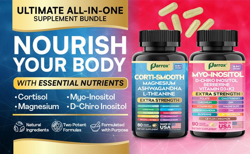 PARROX Soothe & Smooth Bundle - Cortisol and Myo-Inositol All-in-One Supplement - Multivitamin Combo with Extra Strength Ingredients - MADE IN USA
