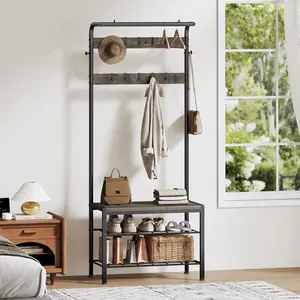 4-in-1 Coat Rack with Shoe Bench, Sturdy Steel & Wood Entryway Organizer with 10 Removable Hooks, Anti-Tip Design