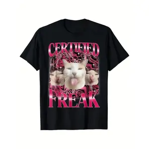 Certified Freak Cat Meme T-Shirt with Floral Accents and Humorous Graphic Design for Casual and Party Wear
