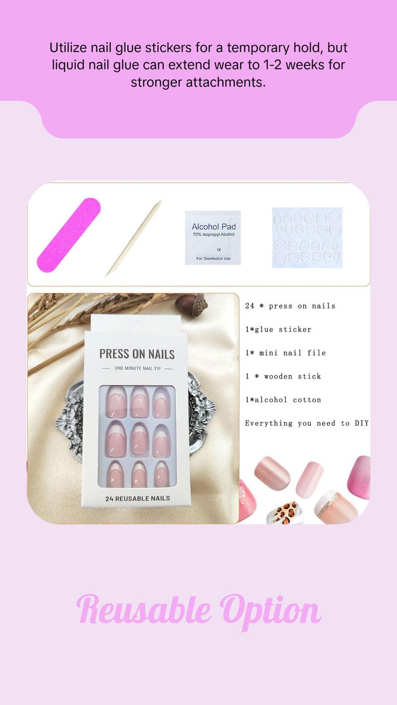 White French Tip Press on Nails - Short Oval Fake Nails for Daily Wear - Simple Glue on Light Pink Full Cover False Almond Acrylic Stick on Nails for Women - 24 Pcs