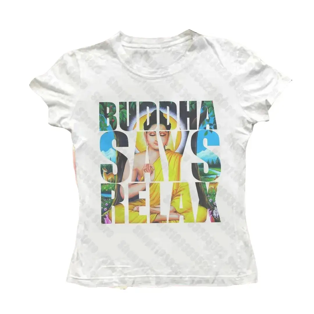 sexy diy clothes 90s Buddha Says Relax Baby Tee, Cute Girls CropTops, Aesthetic Graphic Tees  Tops, Y2k Style Women Clothing, Streetwear Harajuku Printing Sexy T-shirts,  Summer 90s, 2000s Fashion, OOTD, Gift For Her
