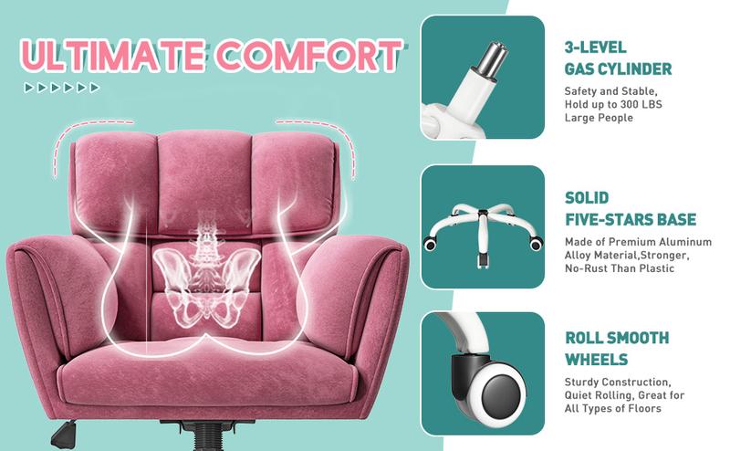 Raybee Furniture Vanity Chair Skin-Friendly Material with Mid-Back,Modern Adjustable Height Upholstered Swivel Chair with Wheels,Desk Chairs Comfy with Side Pockets for Bedroom