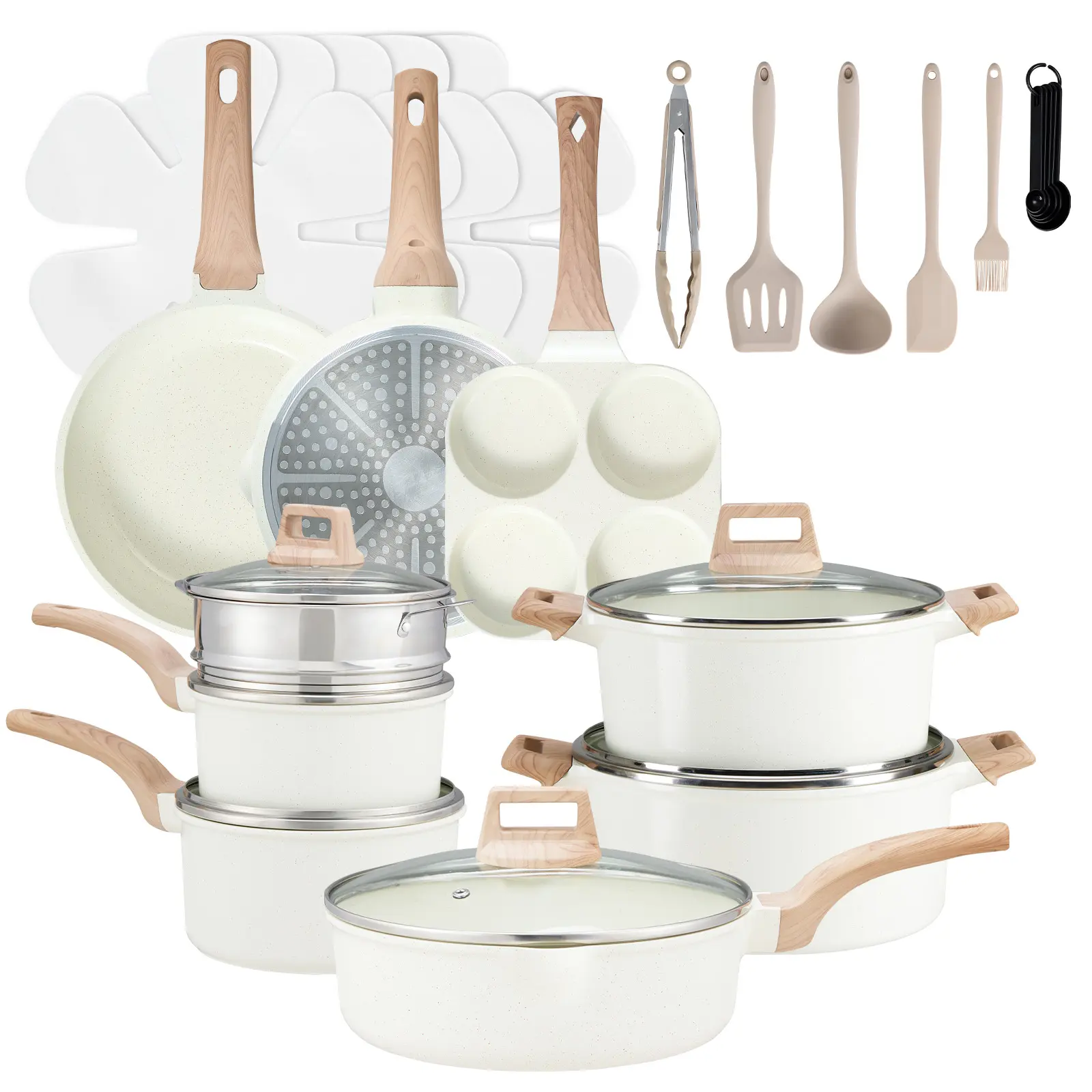 25-Piece Sturdy Non-Stick Ceramic Granite Cookware Set - Lightweight Aluminum Cooking Pot Set, Glass Lids, Stay-Cool Handles, Induction Compatible, Anti-Adherent Household Items for Healthy Cooking, Nonstick Cookware Sets